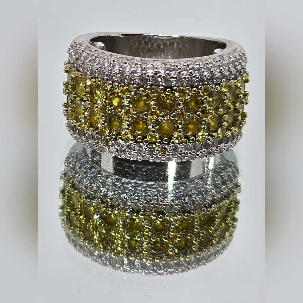 Wide Band Eternity Ring Silver Tone, Yellow and Clear CZs
